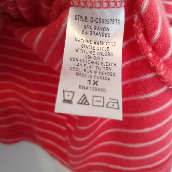 Como Vintage Coral and White Stripe 3/4 Length Sleeve Top 1X - Picture 7 of 7